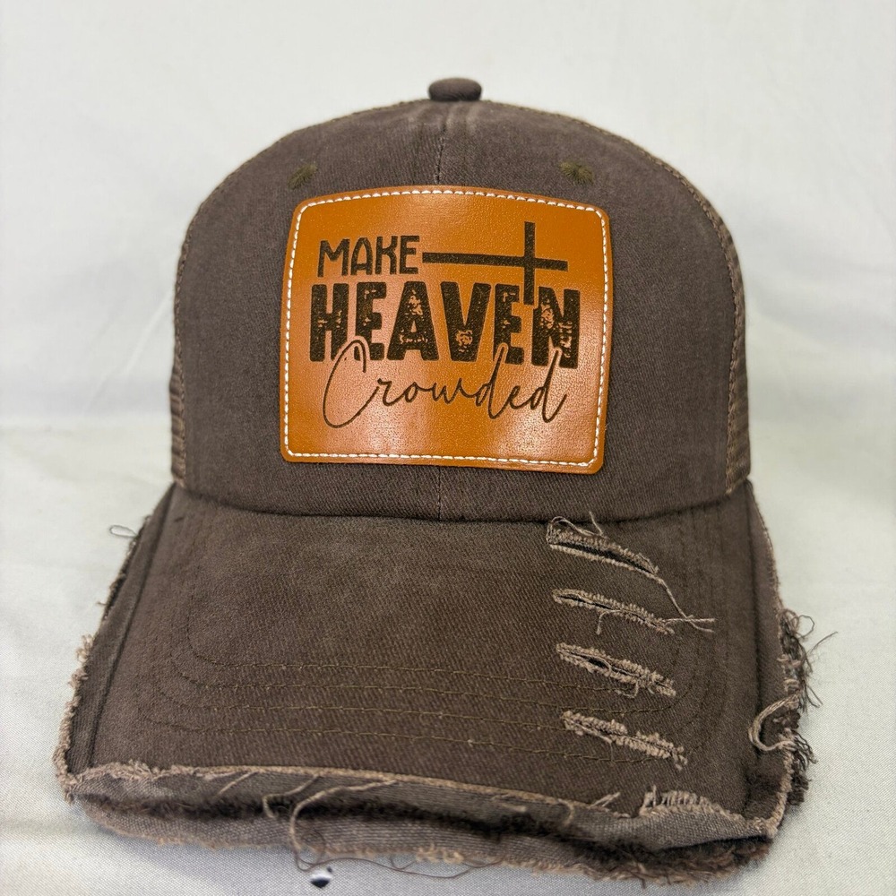 Make Heaven Crowded Christian Cross Distressed Trucker Hat Snapback Patch Cap